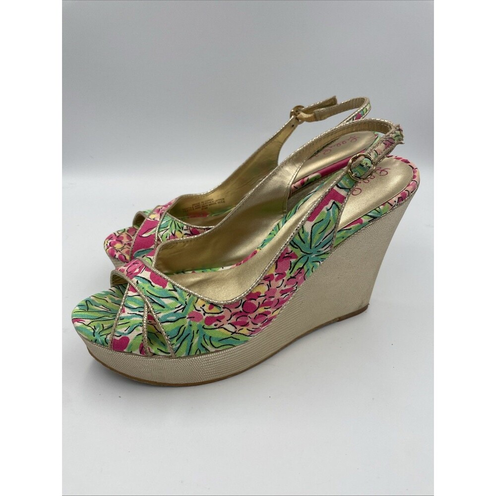Lilly Pulitzer peep toe Ginger wrap wedge sandals Size 8.5 M Resort Platform